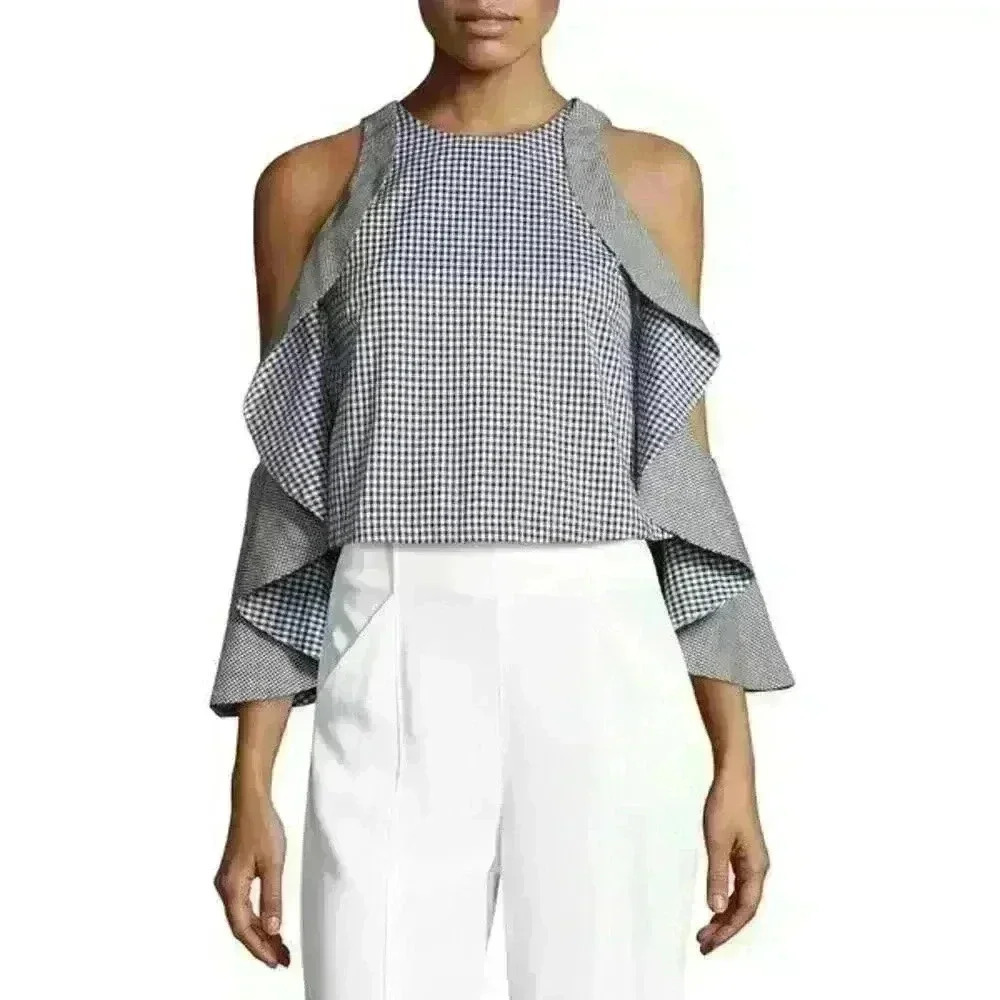 NICHOLAS Black-and-White Gingham Cold-Shoulder Ruffle Top